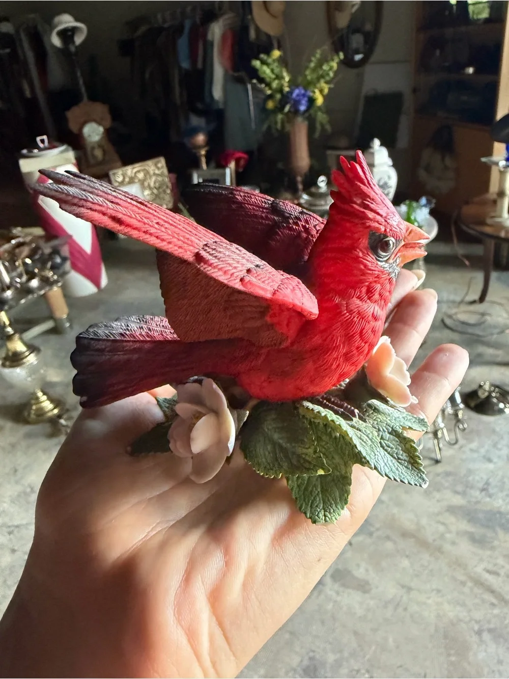 Lenox Red Cardinal Figurine with Green Leaf Base and Pink Flowers